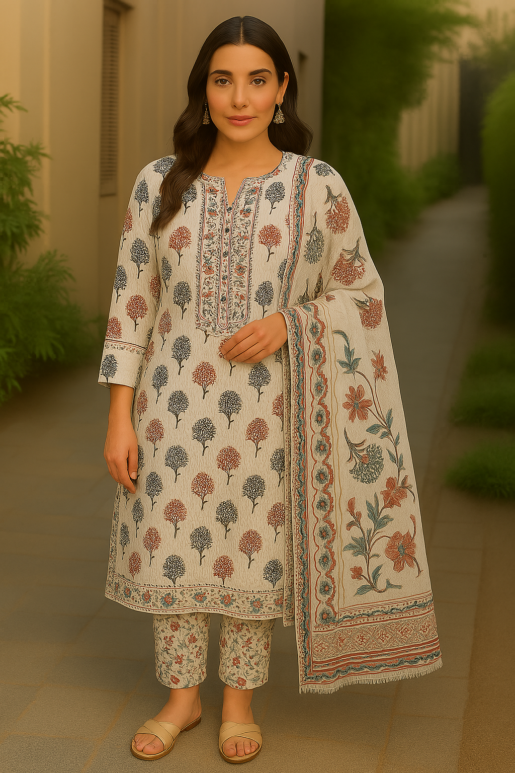 Cottan Digital Print Embroider 3 piece