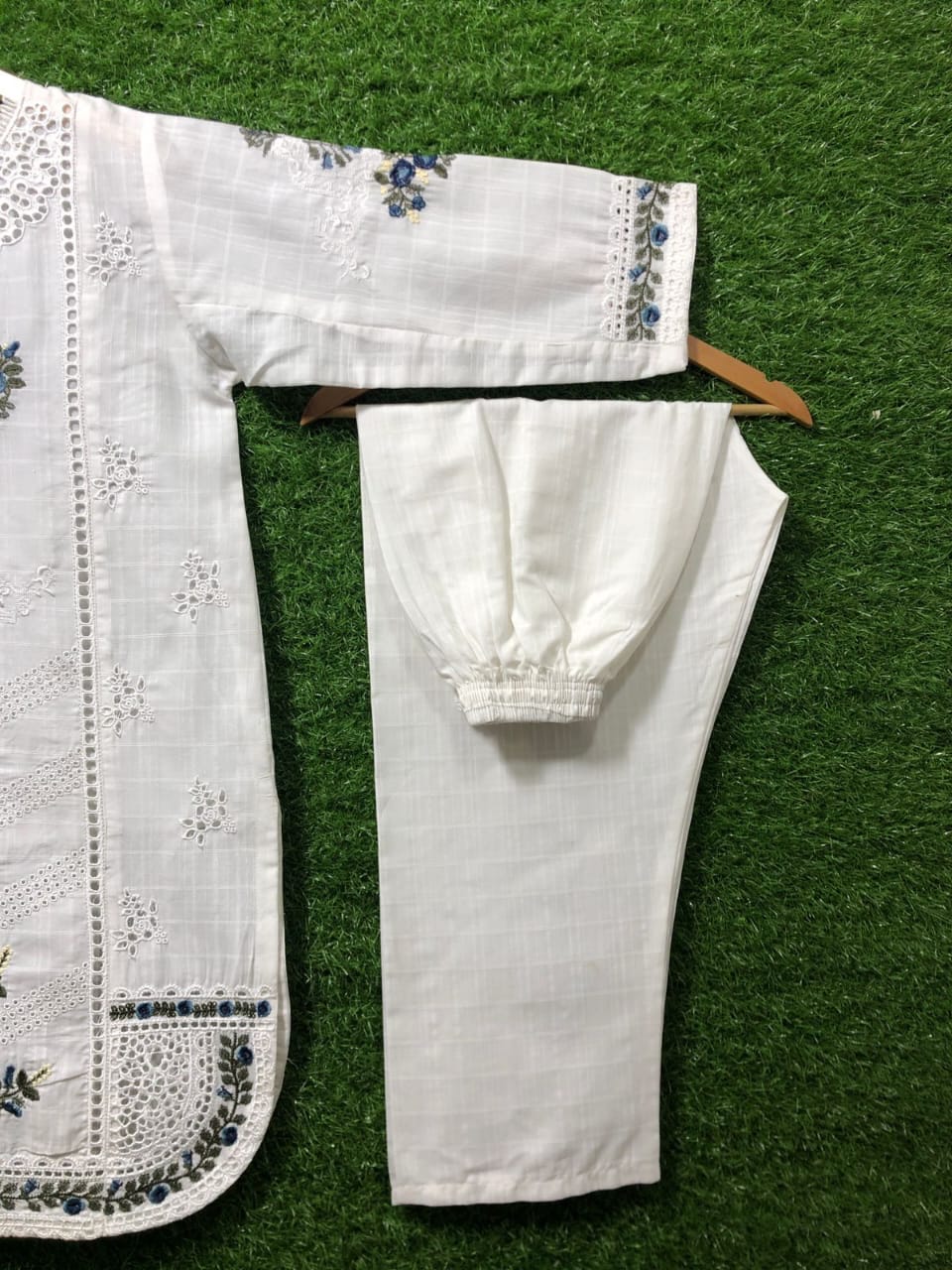 Chic White Kurta with Blue Embroidery