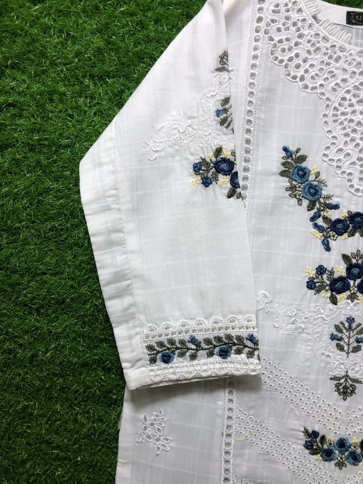 Chic White Kurta with Blue Embroidery