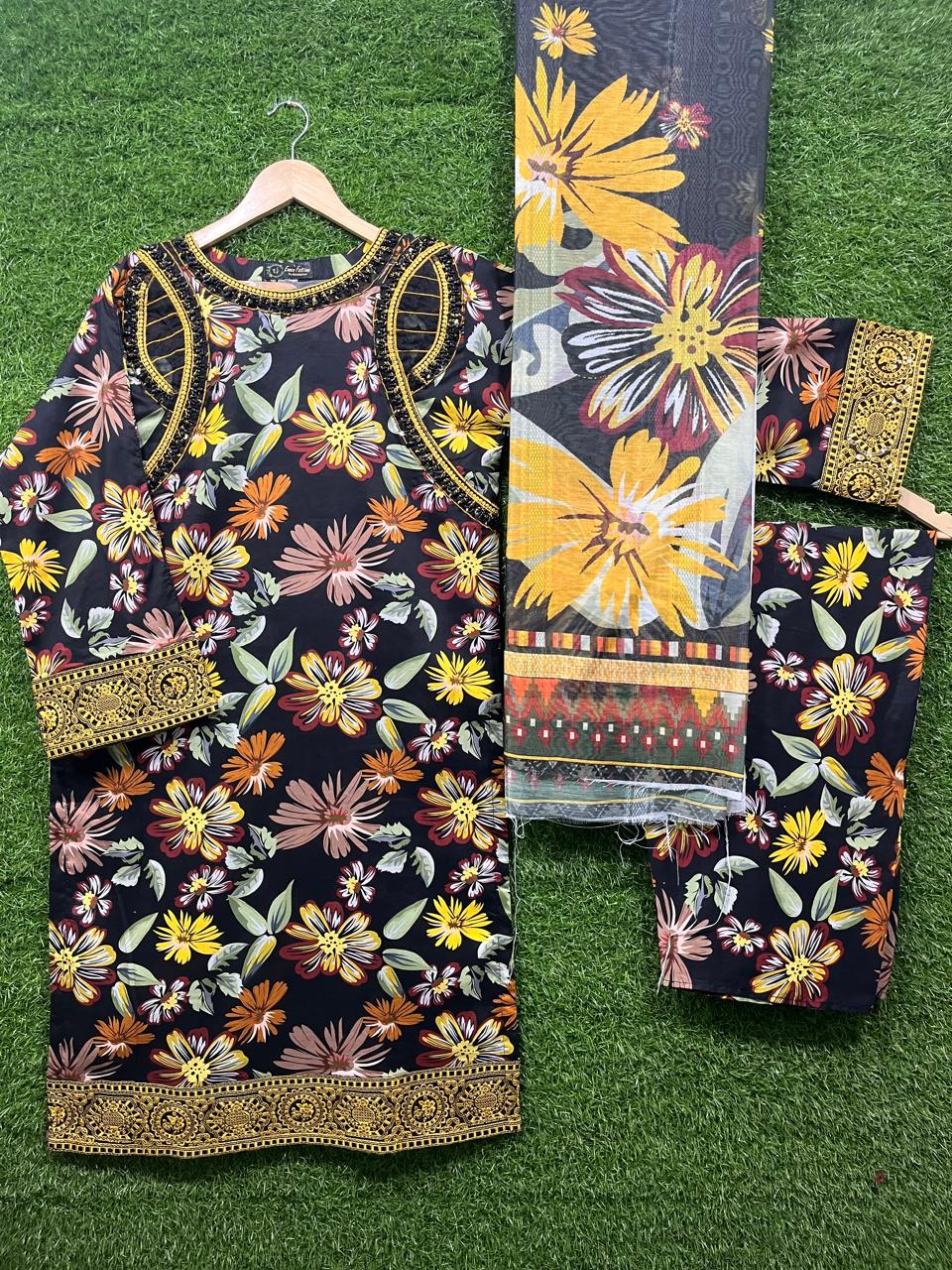 Cotton Embroidery print 3 piece